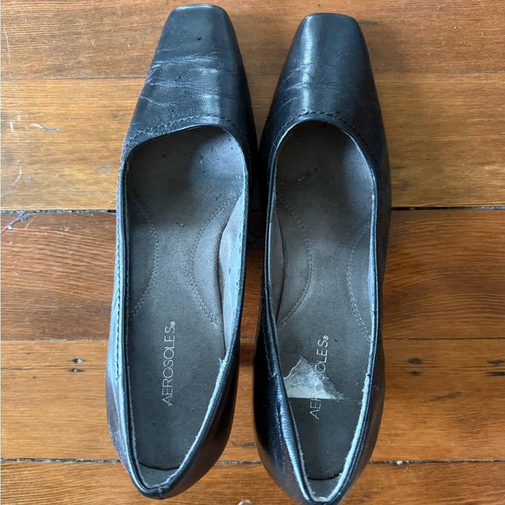 AEROSOLES Black Leather Square-Toe Slip-On Heels